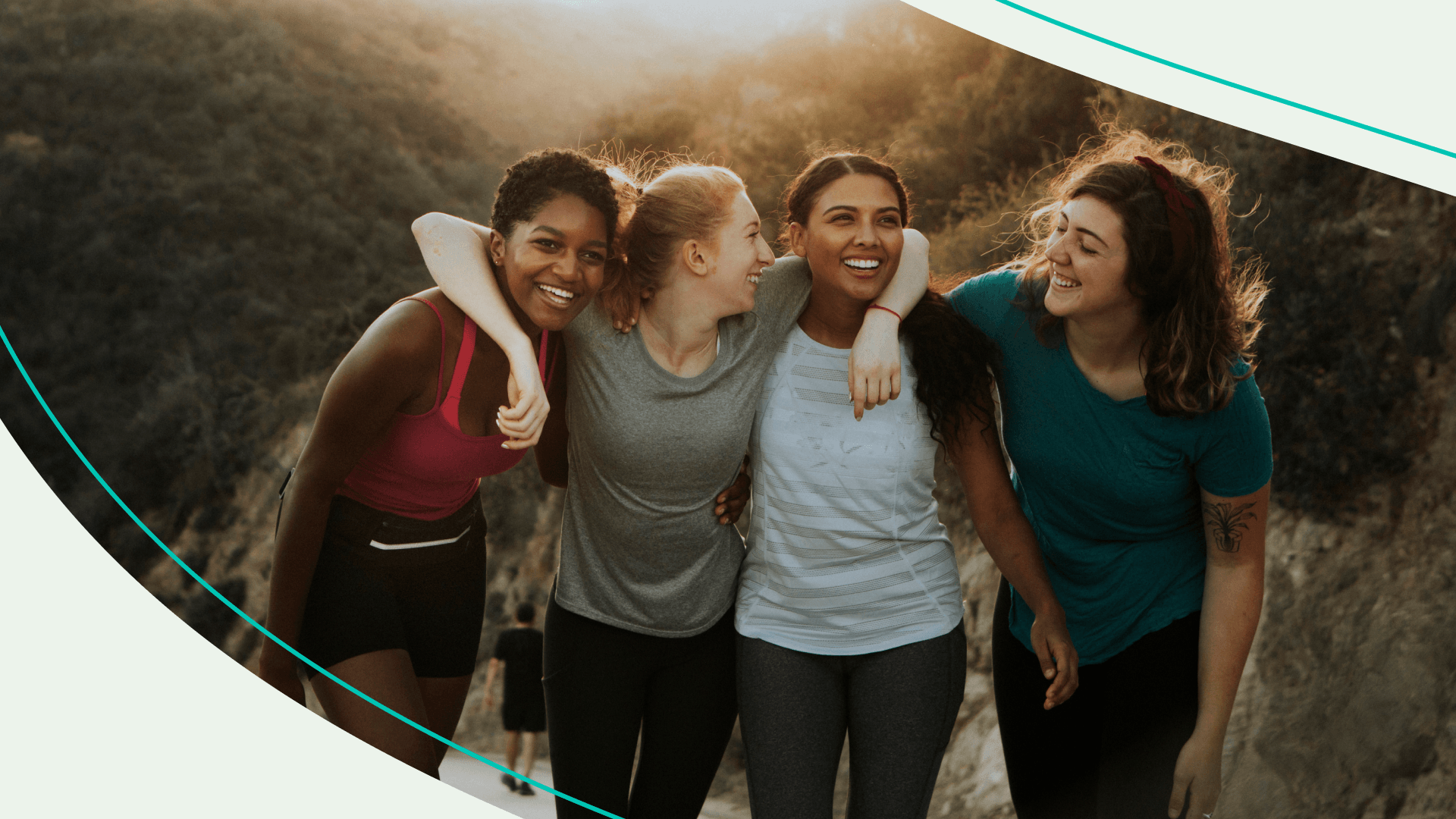 Things to do with friends; a group of four female friends together outdoors with their arms around one another