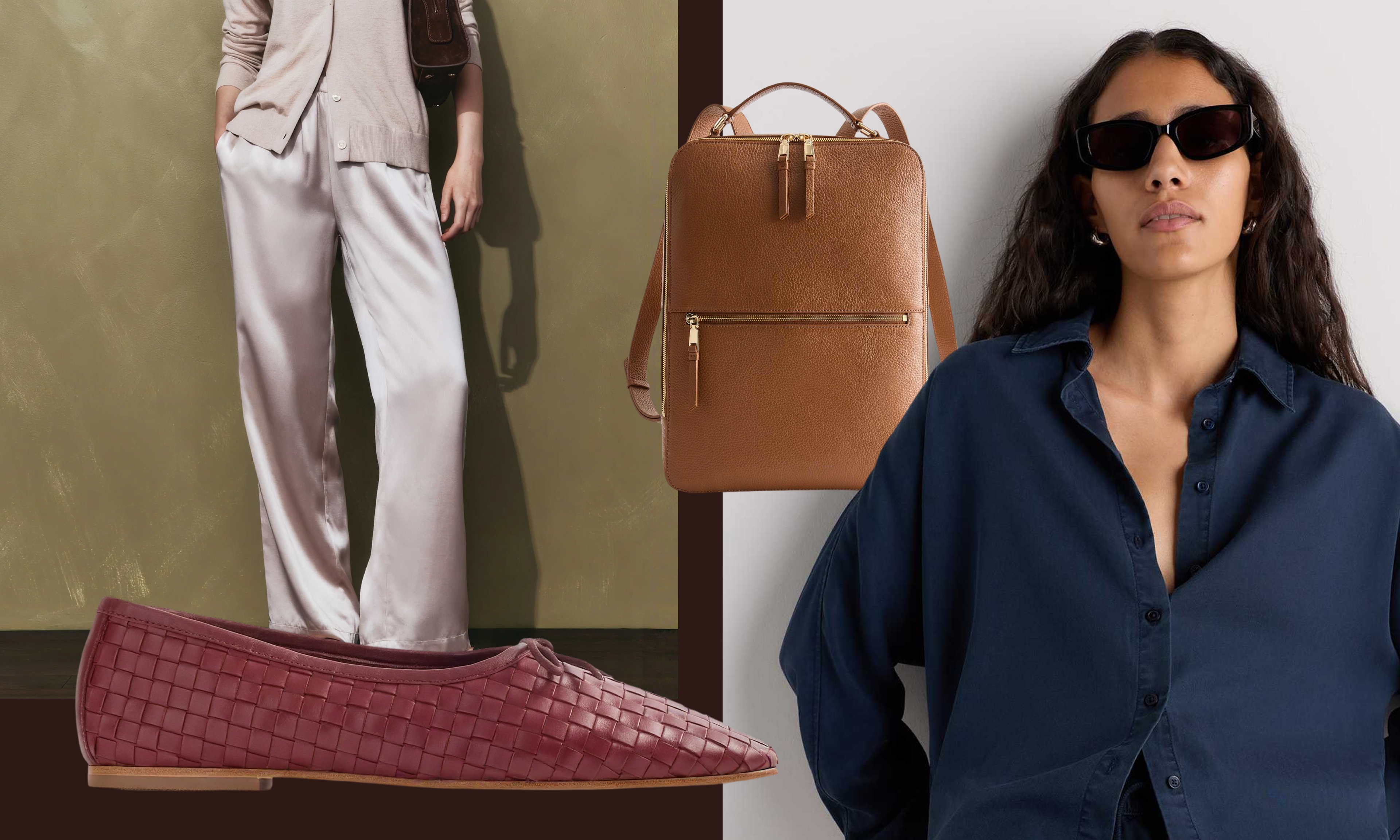 silk pants, ballet flat, backpack, button-down