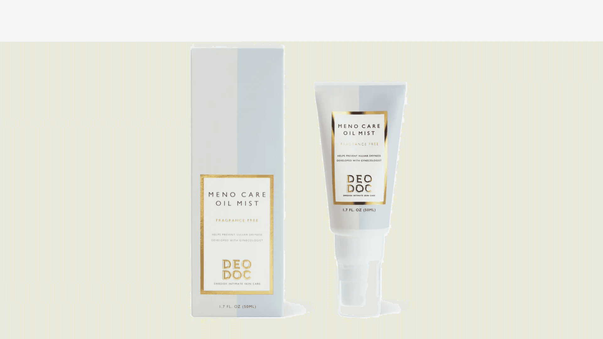 Beige and blue striped box and bottle with gold accent label