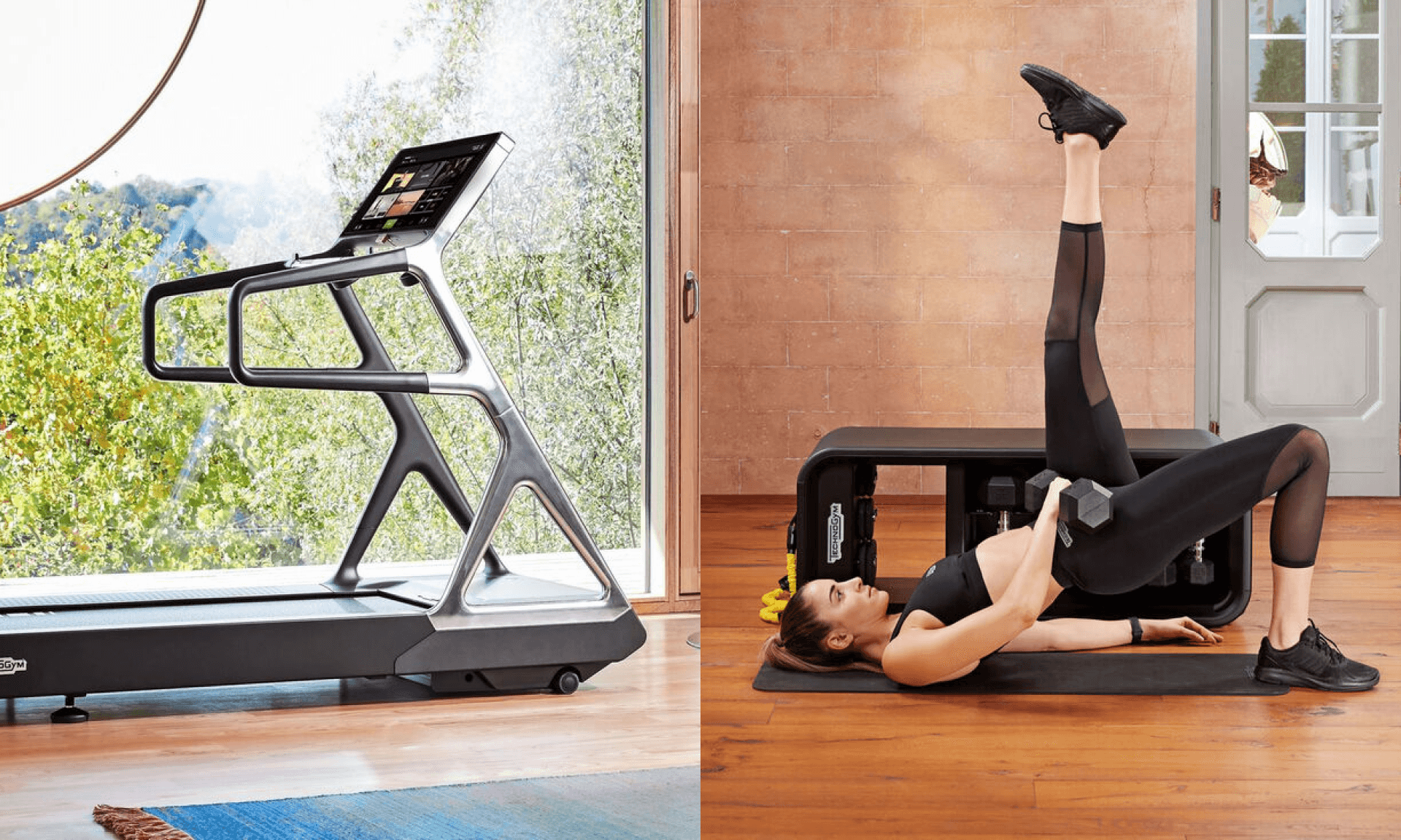 Treadmill next to window; woman on floor working out