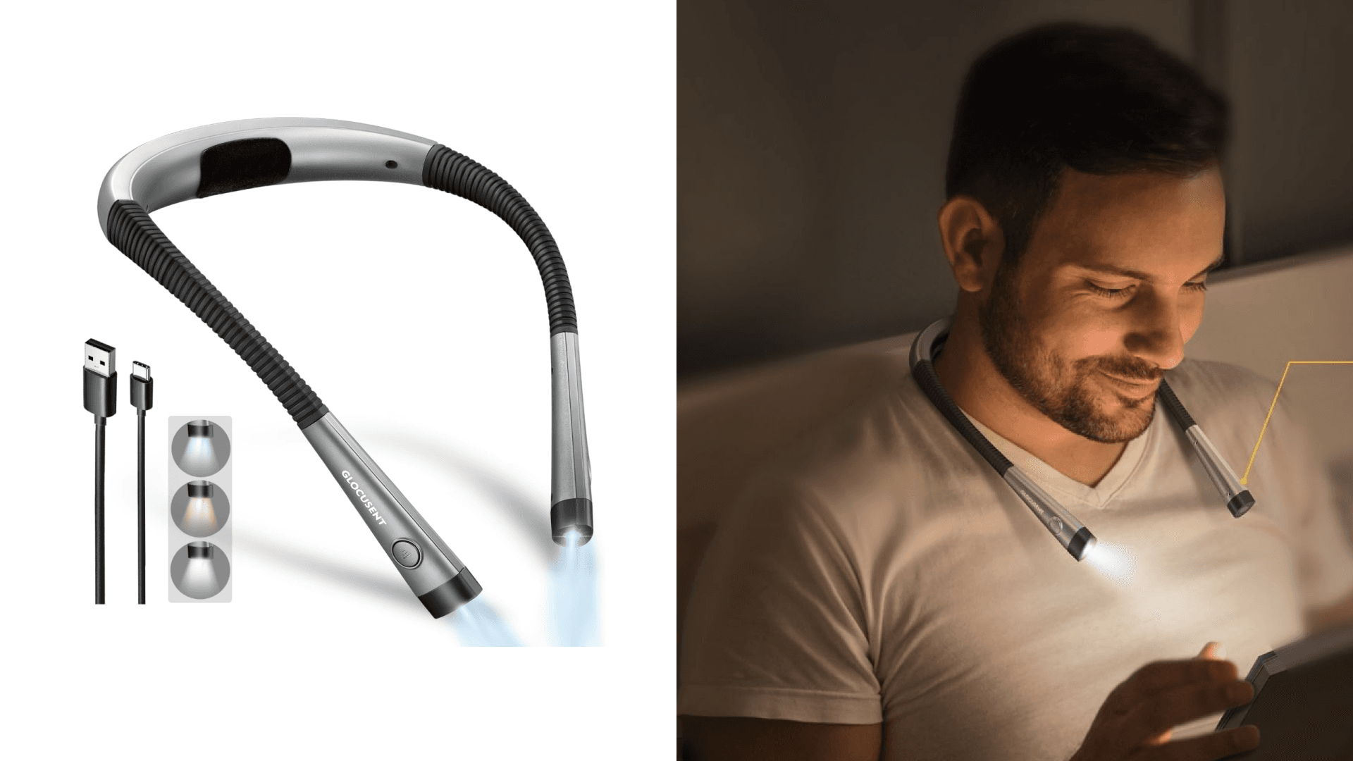 Glocusent Book Light, 3-Color & 6-Brightness Reading Light, Bendable Neck Light, 80-hr Lasting Rechargeable Lamp, Perfect Book Light for Reading in Bed, Knitting, Camping, Repairing, Book Lovers Gifts