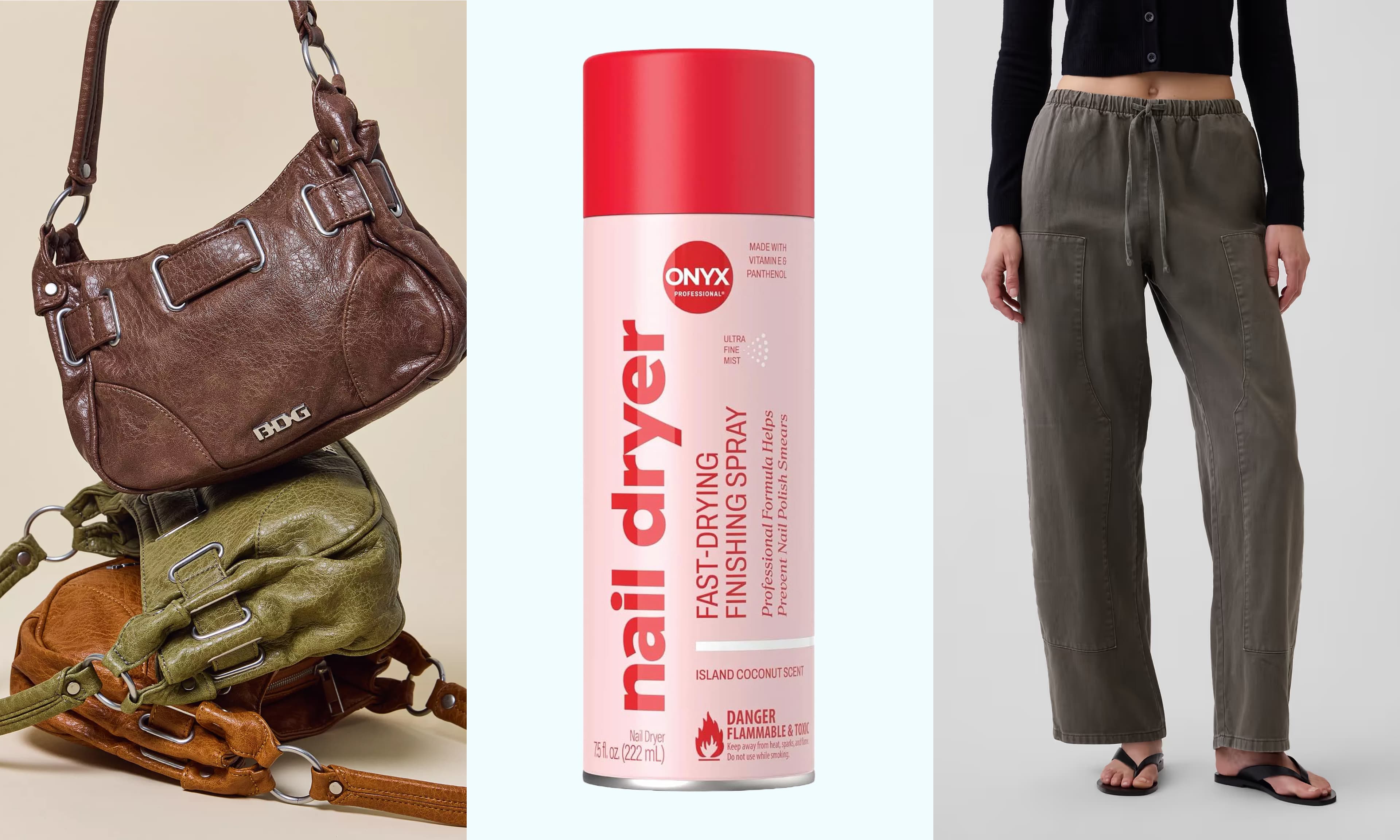 shoulder bag, nail polish drying spray, barrel pants