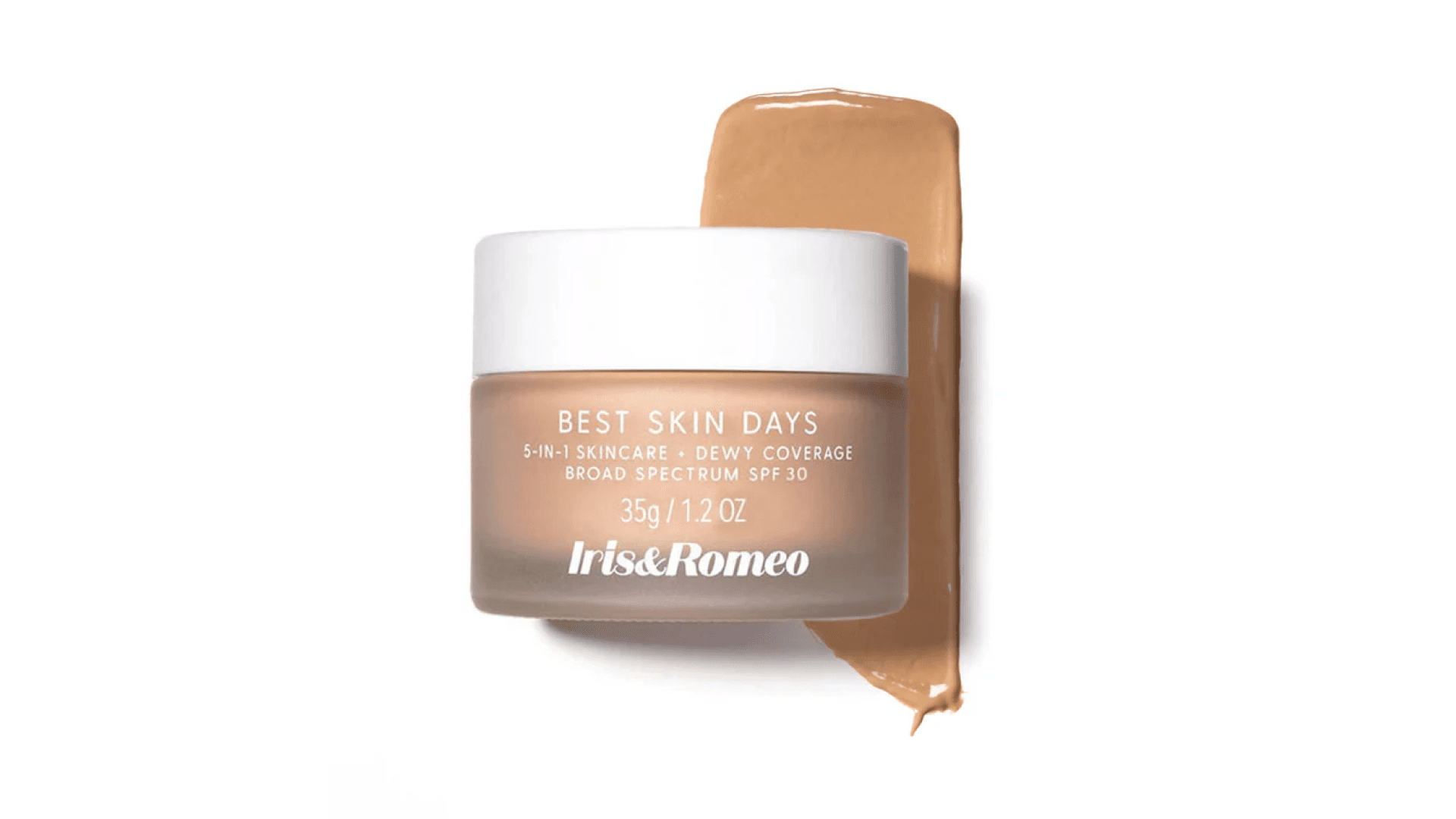 Translucent jar of tinted SPF with white lid and swatch in background