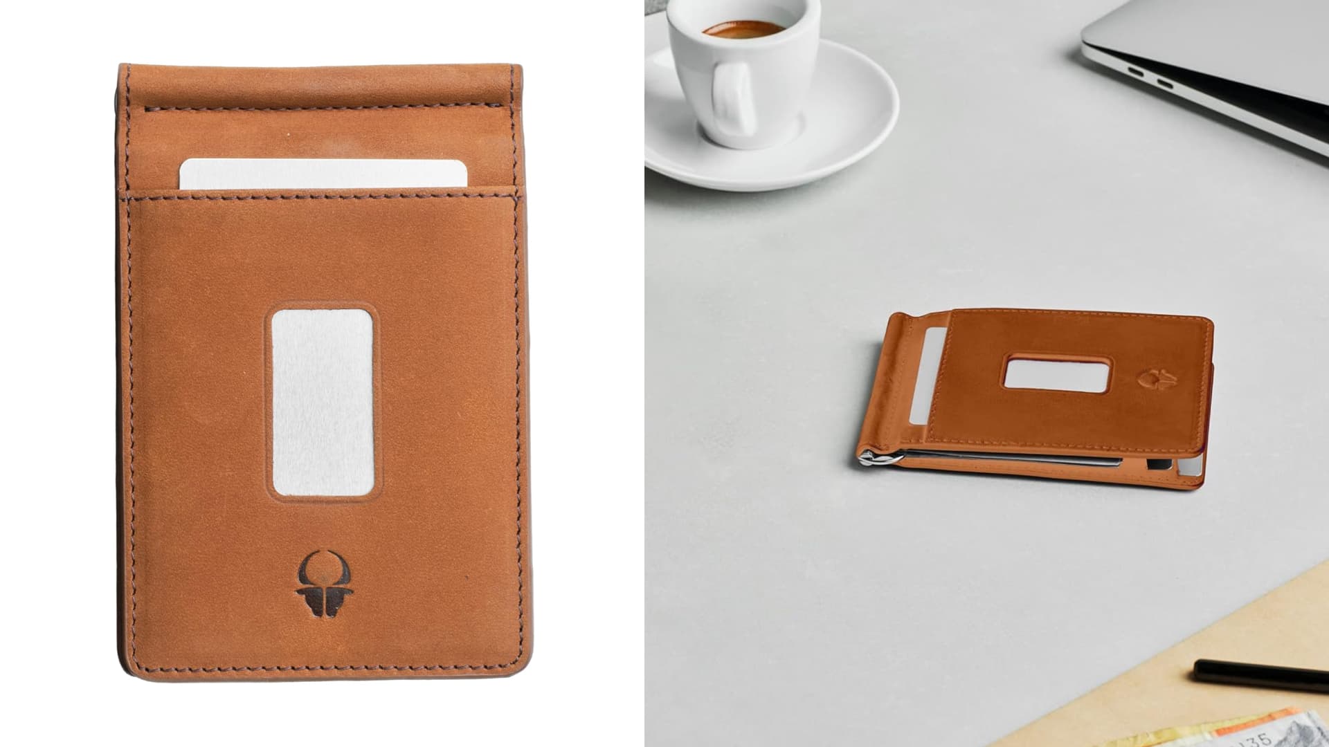 A leather bifold money clip wallet.