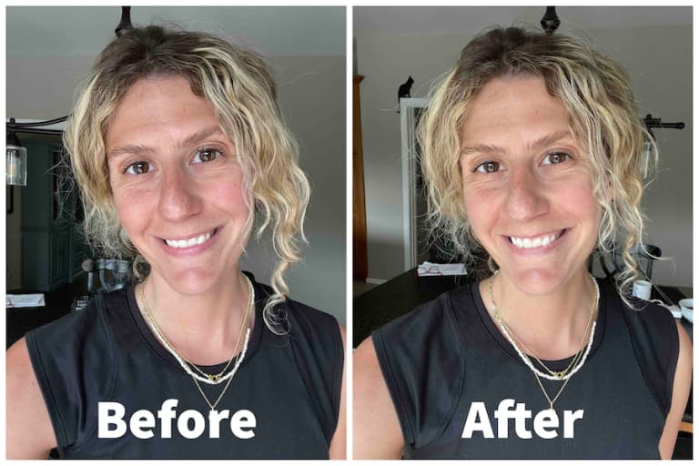 White woman showing before and after of face powder