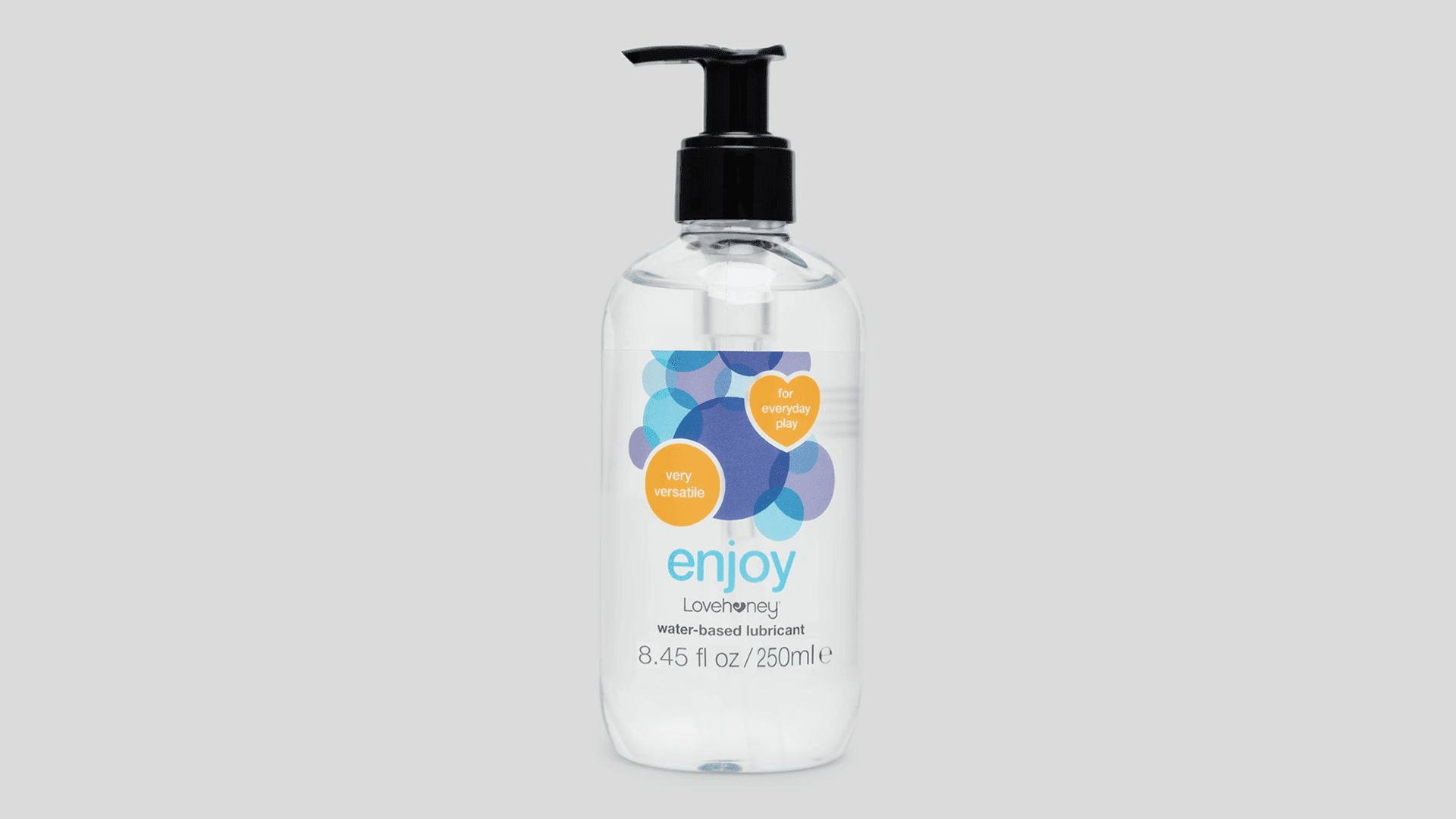 Clear bottle of lube on gray background with blue, orange and light blue design