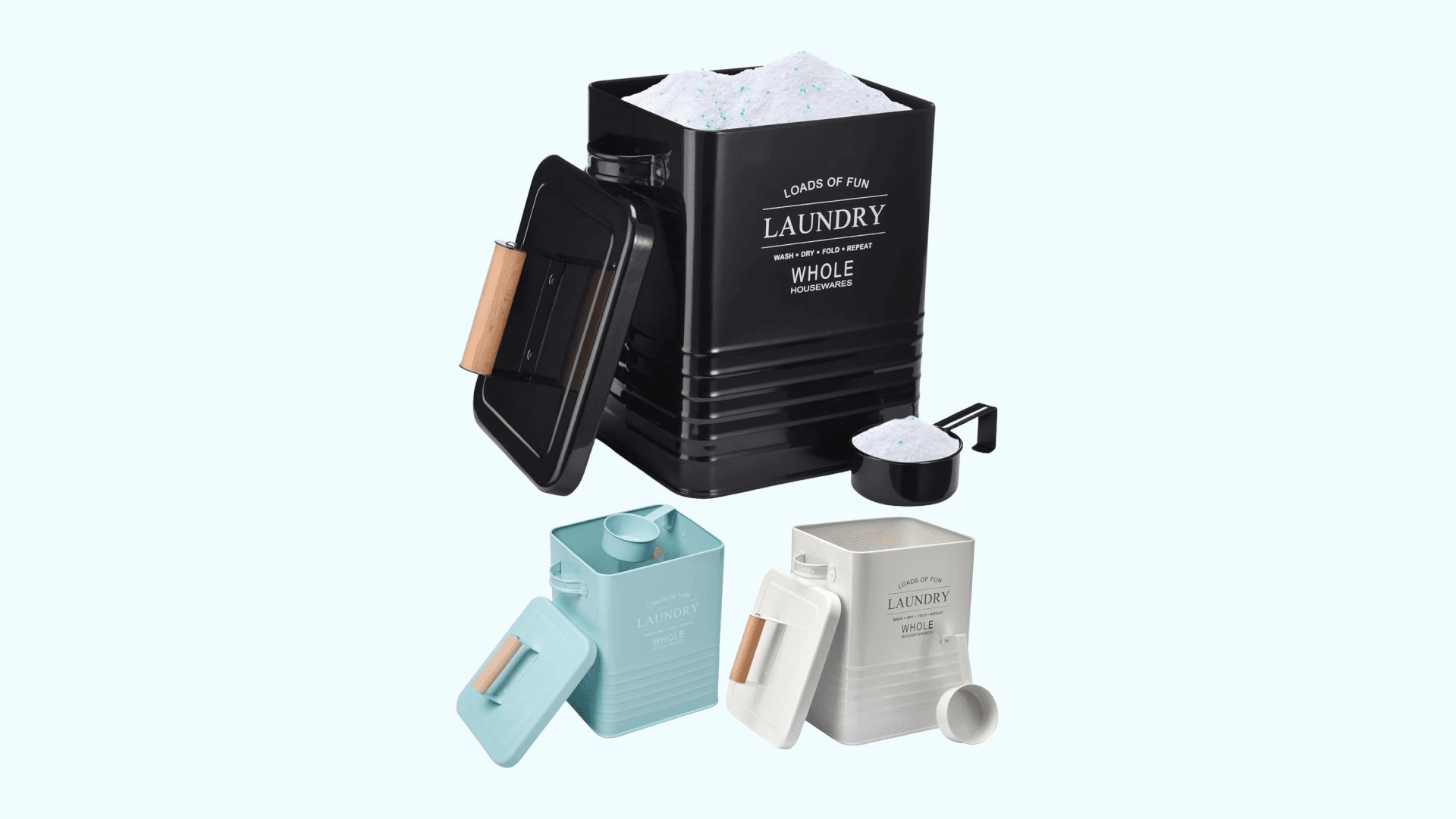 Whole Housewares Laundry Detergent Container - Tin Farmhouse Metal Laundry Powder Soap Dispenser With Scooper, Airtight Lid And Handles - Vintage Soap Pod Holder Storage Bin With Lid And Scent Holders