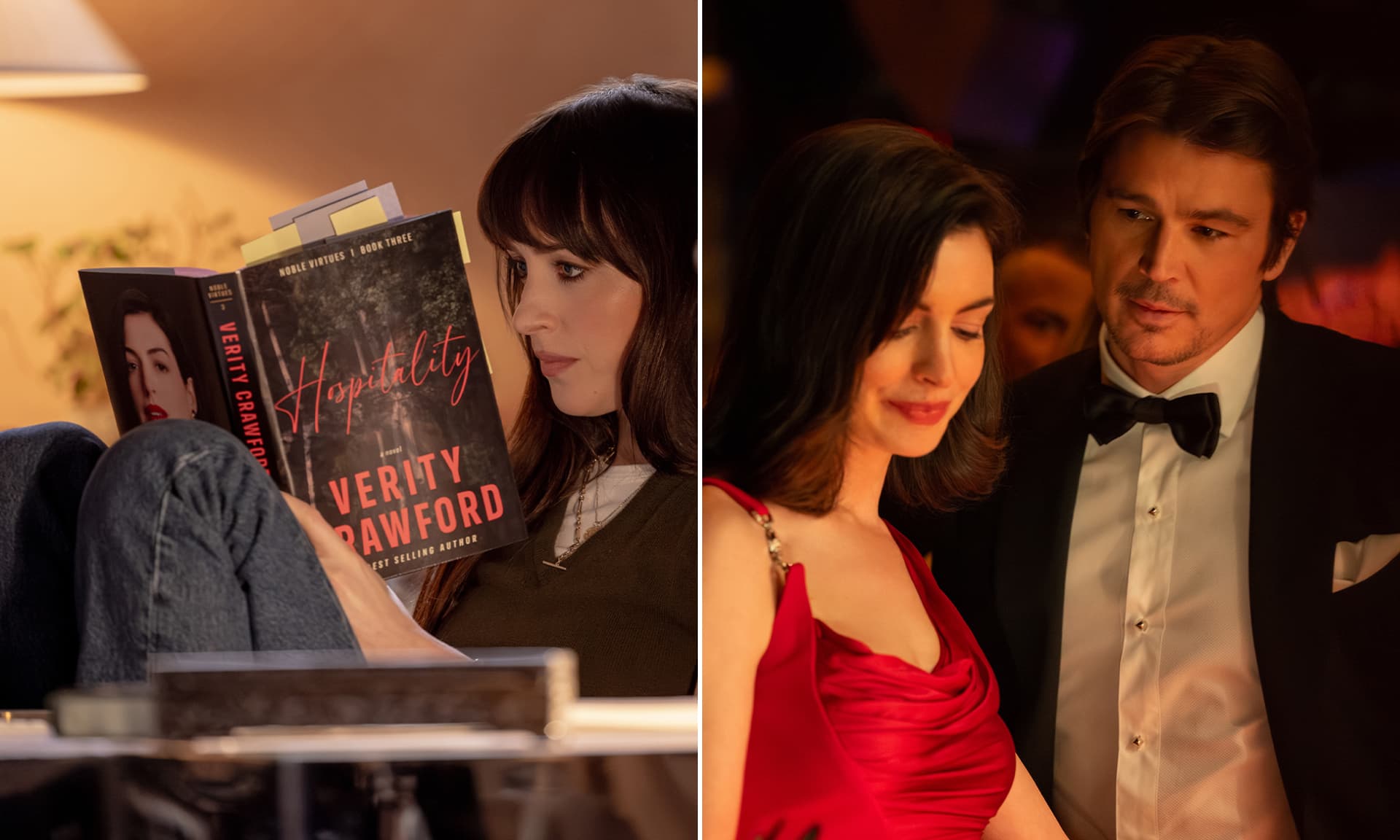 left: woman reading a book on a couch, right: woman and man at a formal event