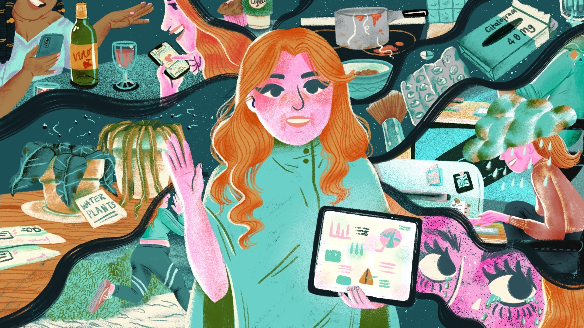 An illustration of a woman with different activities behind her