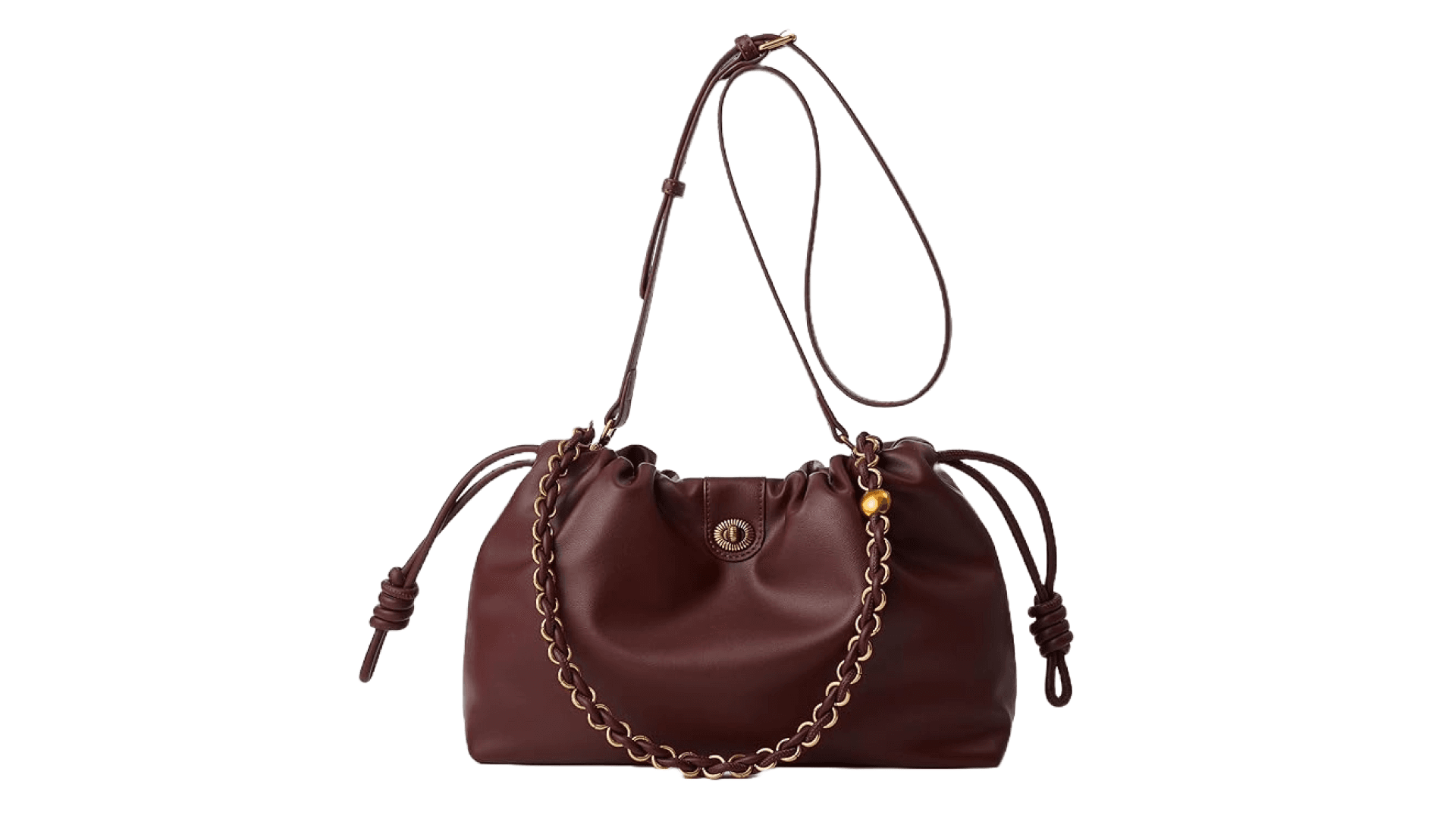 MUHUASHI Drawstring Hobo Purse for Women Trendy Bucket Shoulder Bag With Top Chain Handle And Long Crossbody Strap (B-Dark Wine)