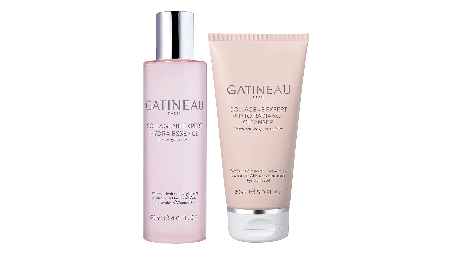 Pink bottle and tube of skincare serums