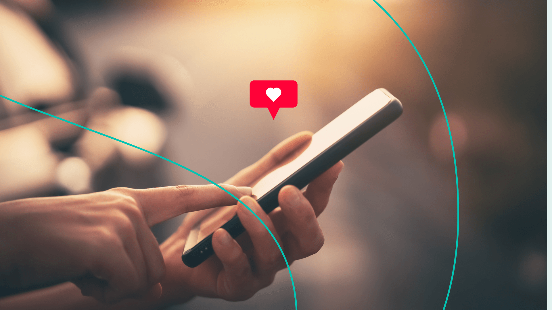 A person's hands holding a phone with a 'like' symbol floating above the phone