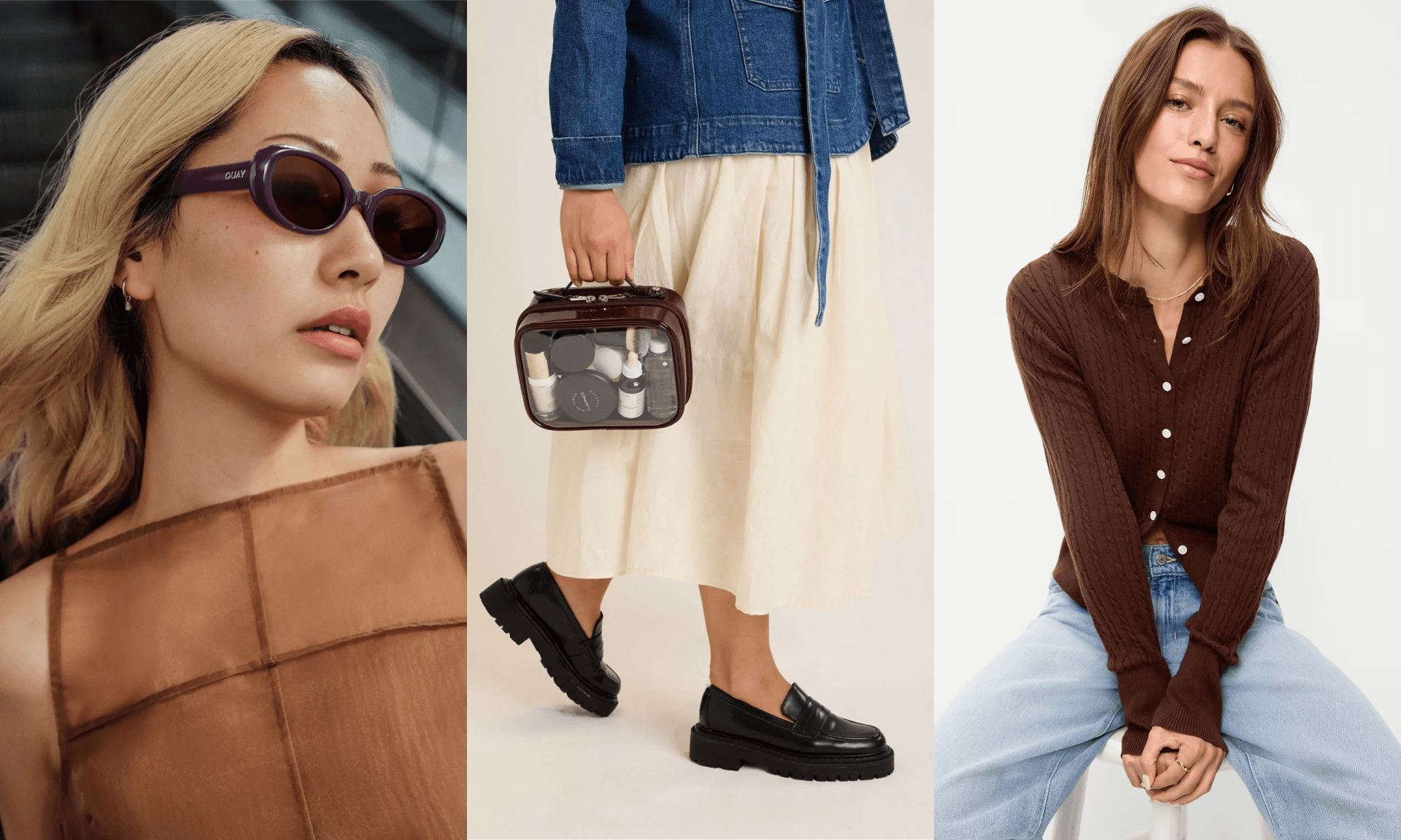 sunglasses, toiletry bag, cardigan