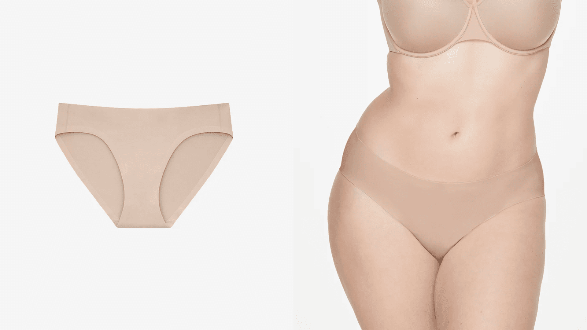 Beige underwear; woman wearing beige underwear set