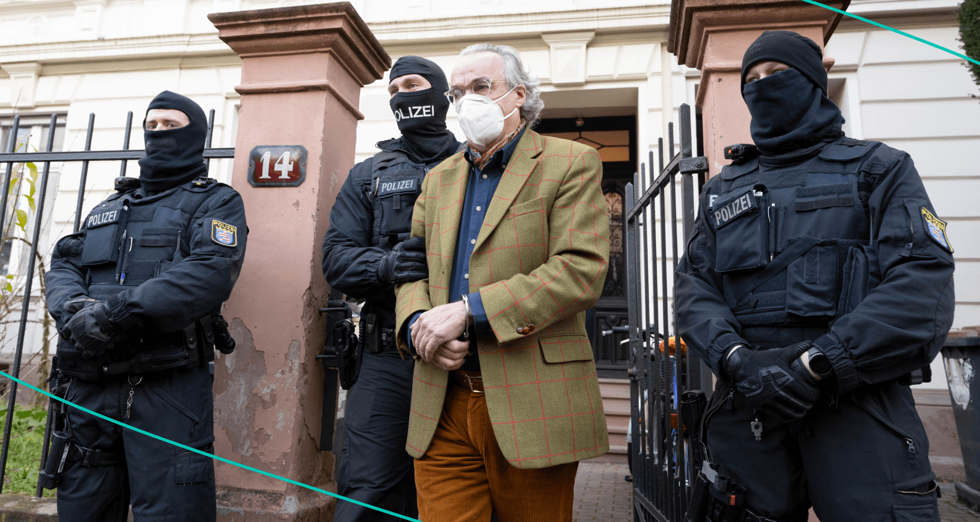 In a raid against so-called "Reichsbürger" masked police officers, after searching a house Heinrich XIII Prince Reuss (2nd from right) lead to a police vehicle.