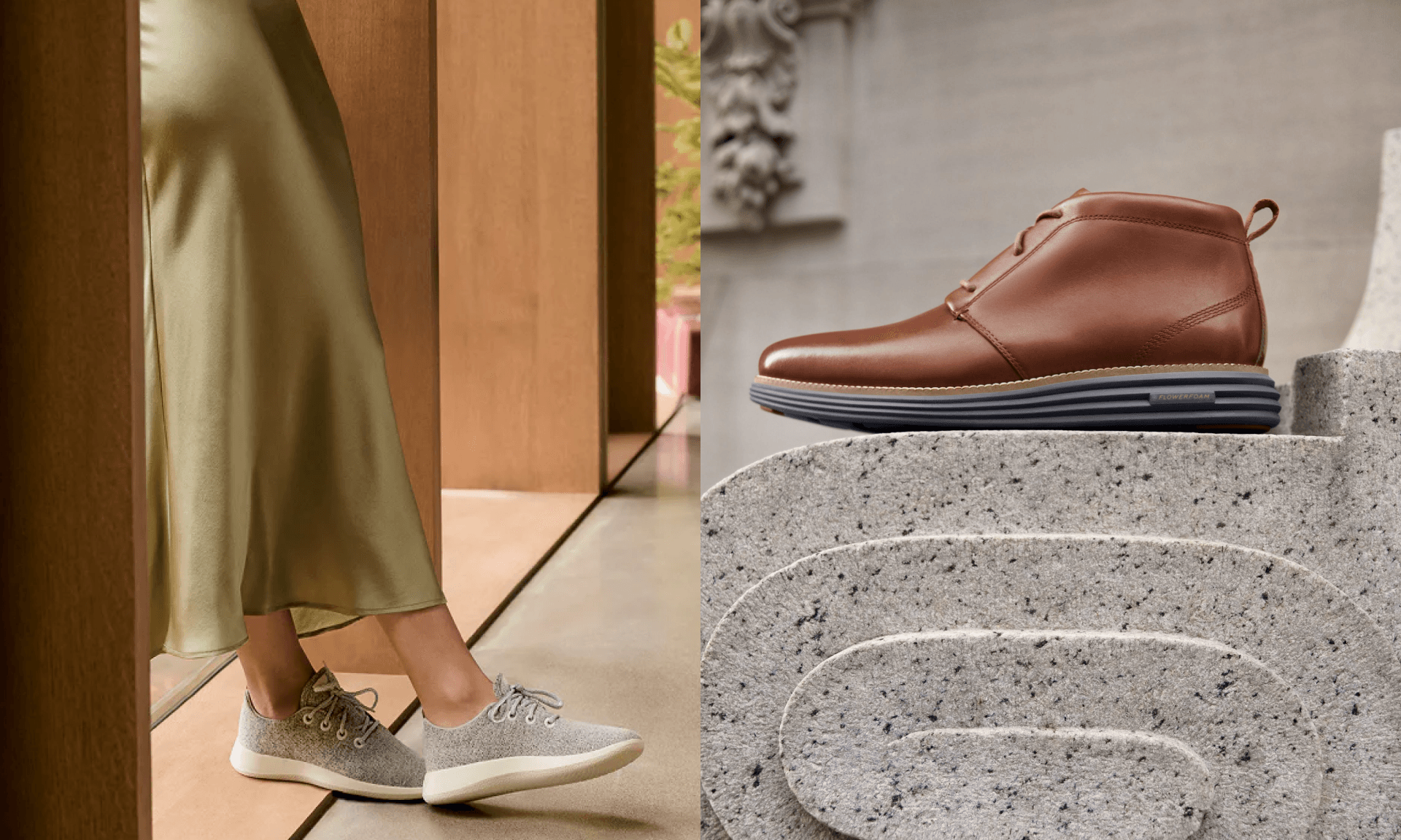 Woman in green skirt in gray sneakers, brown laced boots on stone