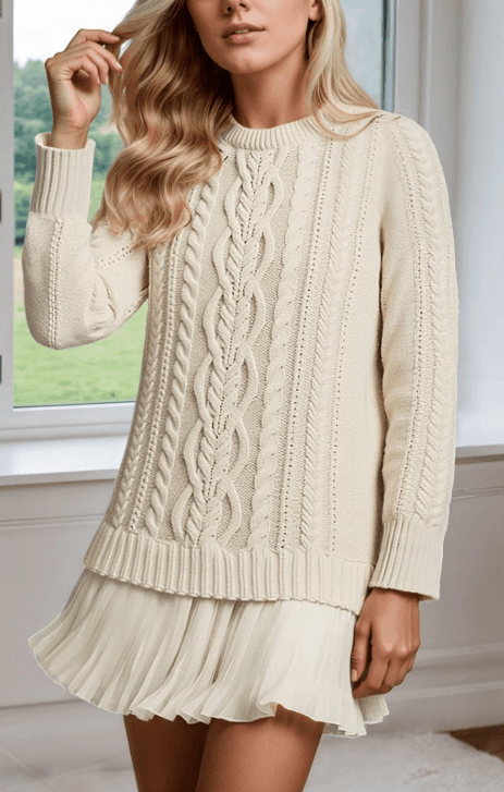NANAIQ Woman's Cable Knit Sweater Dress Long Sleeve Crewneck Casual Twofer Style Patchwork Mini Dresses