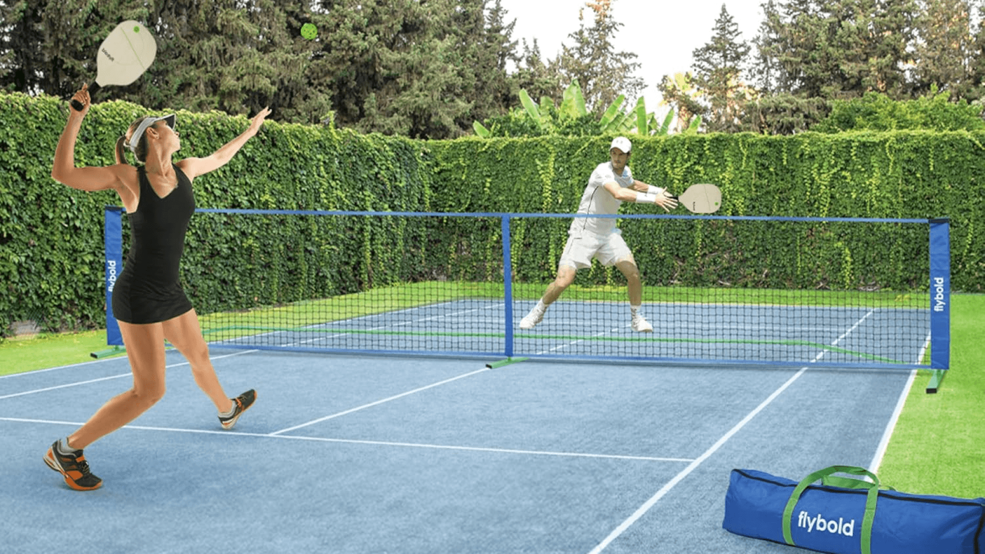flybold Pickleball Set With Net |Portable Set with 4 Paddles| Net Regulation Size Equipment Lightweight Sturdy Interlocking Metal Posts with Carrying Bag for Indoor Outdoor Game| Full Court Size- 22ft