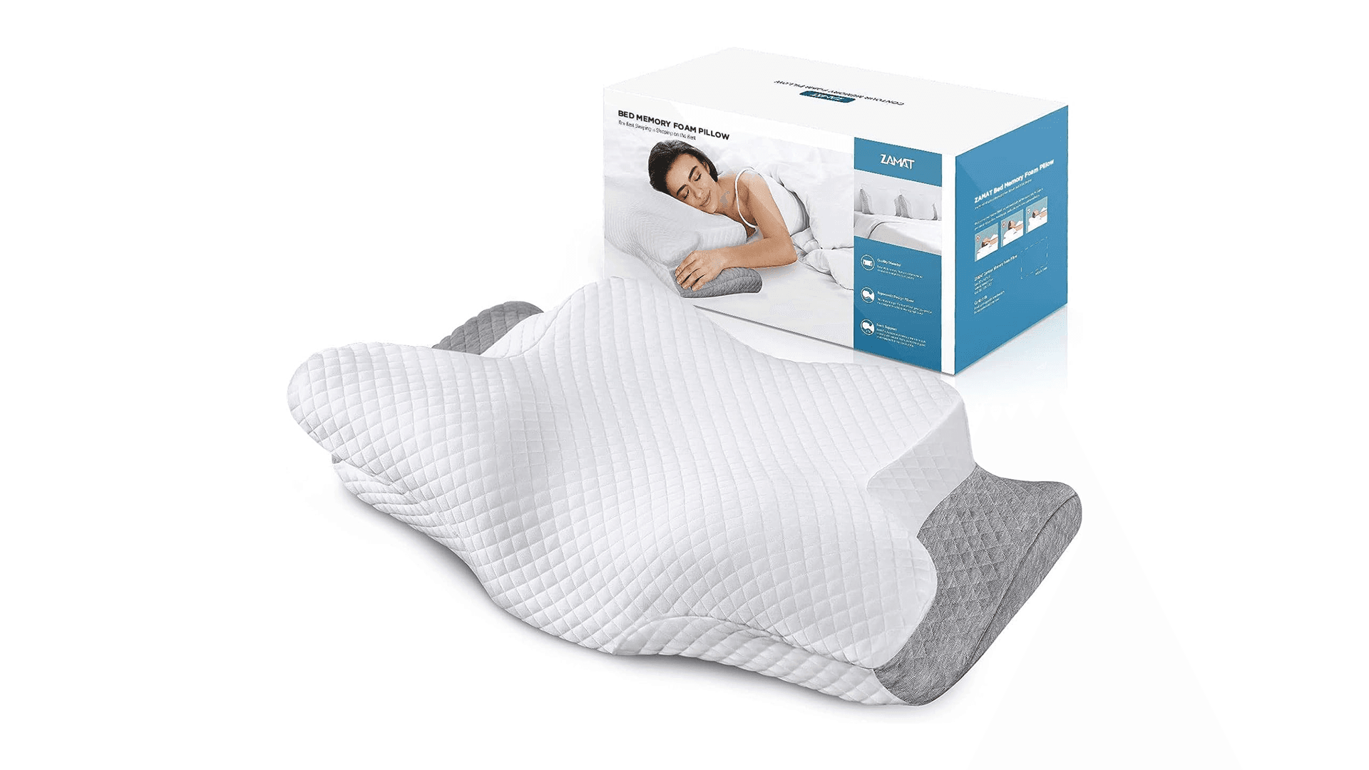 Adjustable pillow white box displaying woman sleeping