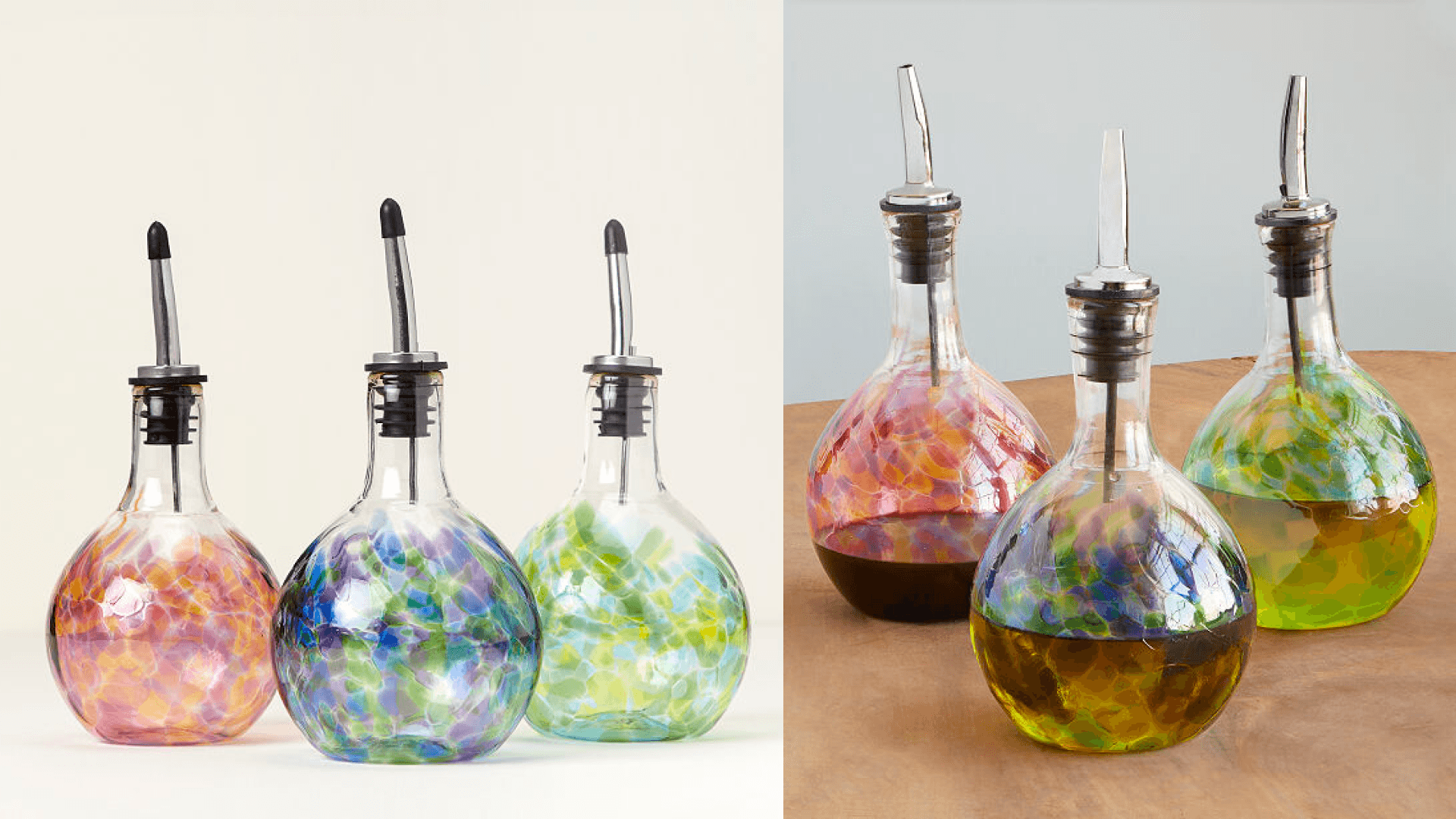 A handblown olive oil