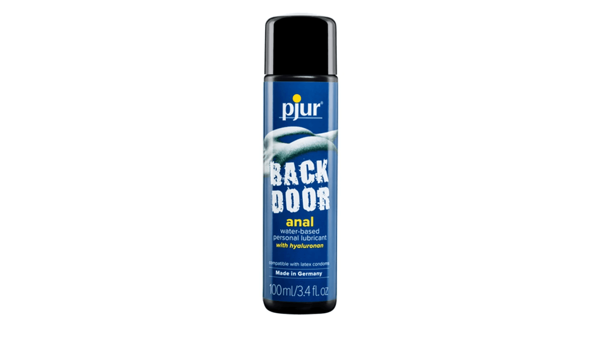 Blue bottle with Pjur logo and black top