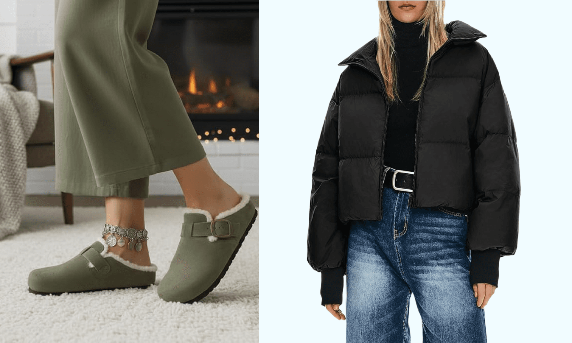 slippers, puffer jacket