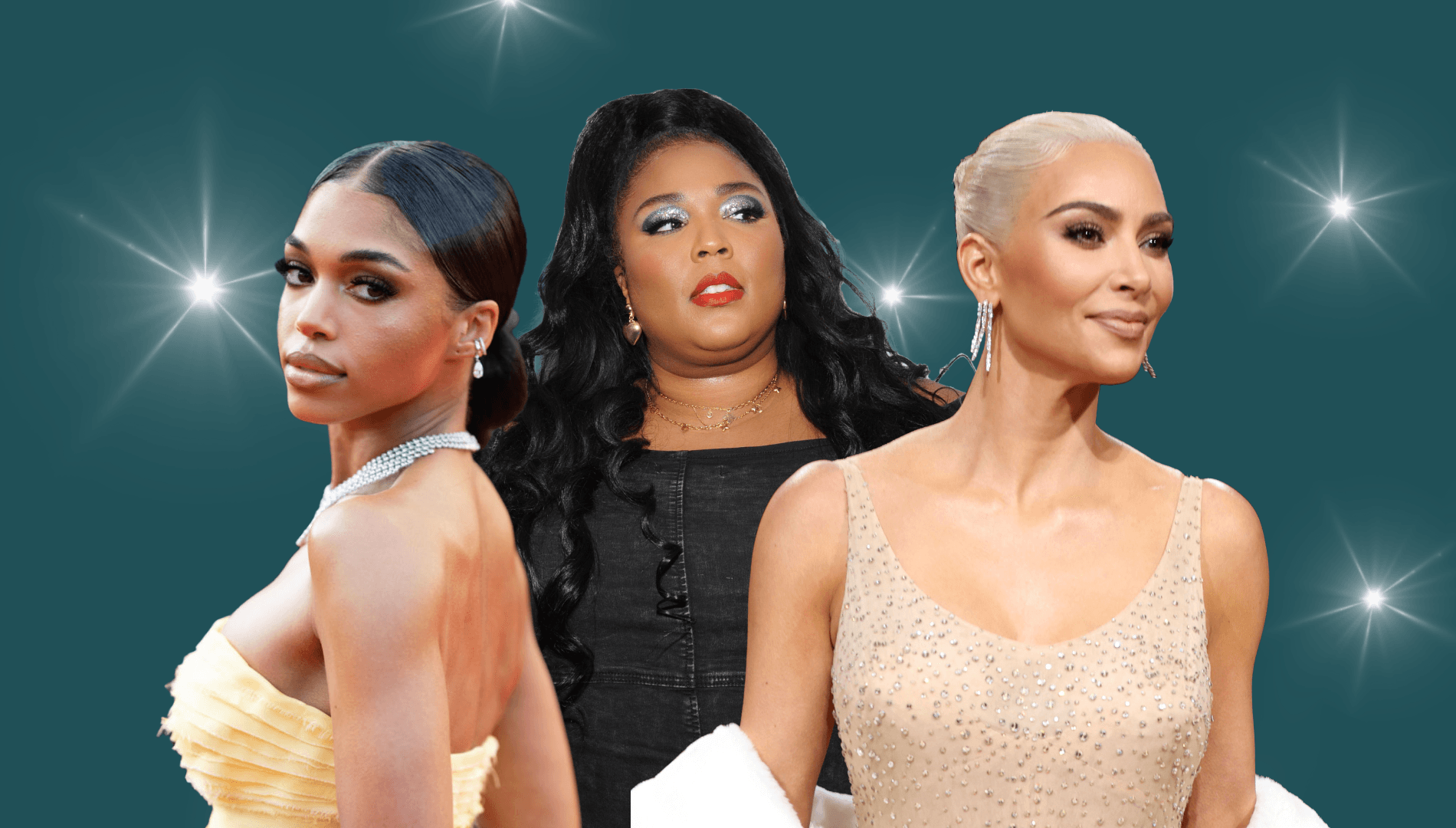 Lori Harvey, Lizzo, and Kim Kardashian on a teal background