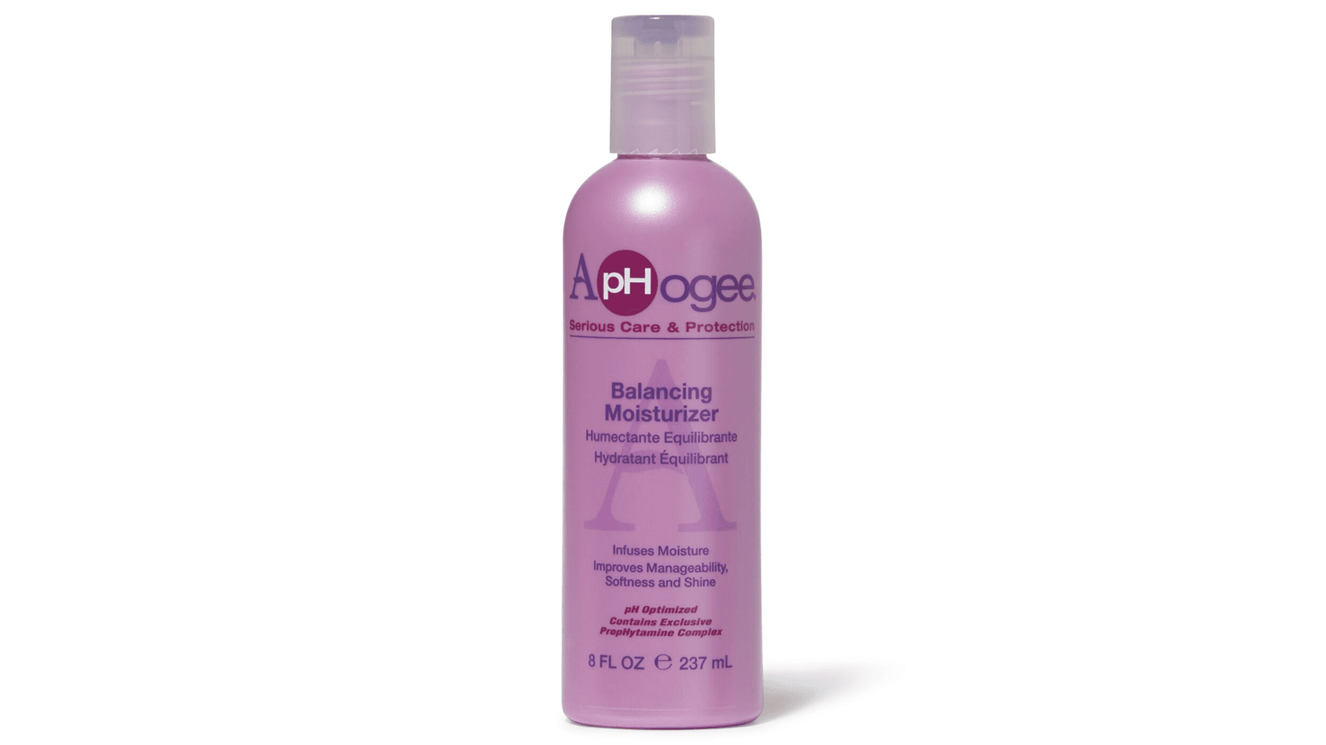 Pearlescent purple bottle with purple and maroon words and accents