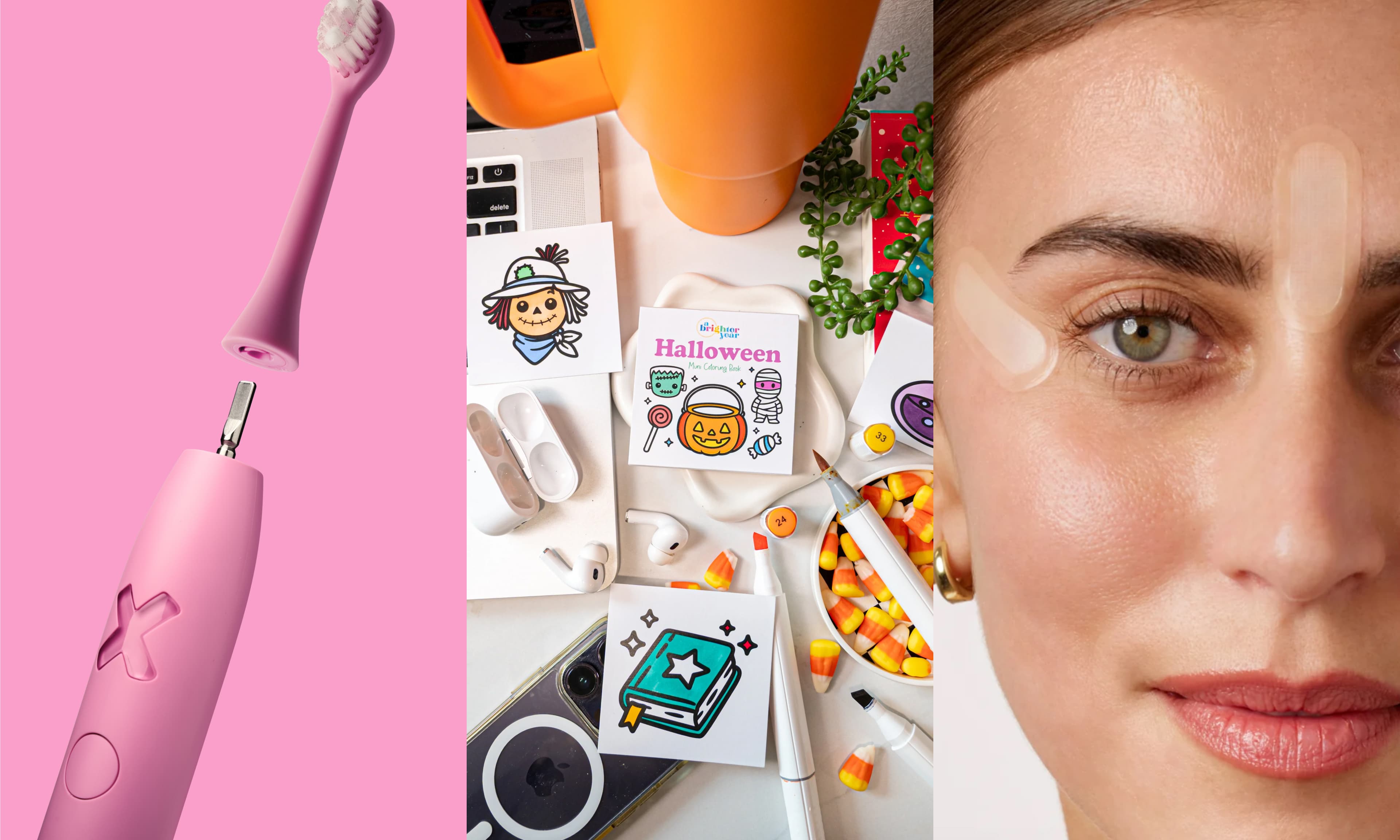 electric toothbrush, mini coloring book, skincare patches