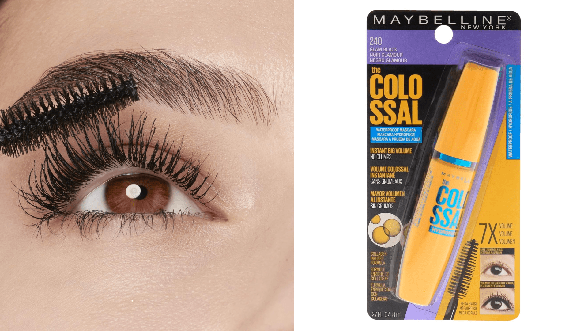 Close up of woman applying black mascara; yellow tube of mascara in packaging